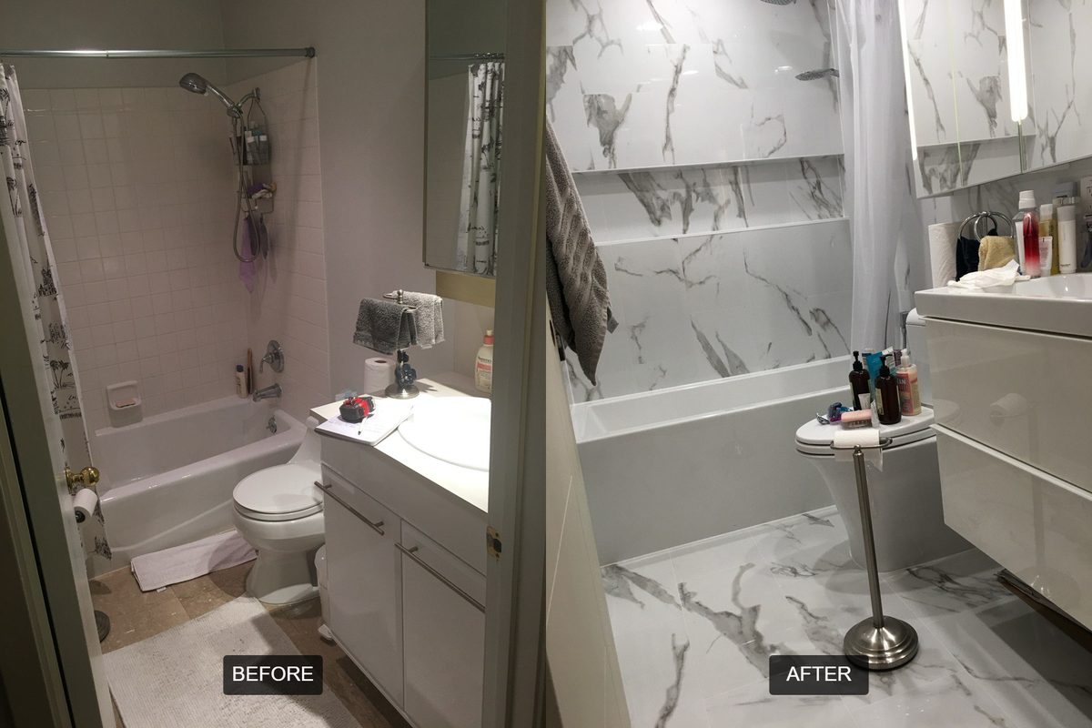 A before and after comparison of a bathroom remodel, from dated fixtures to a marble-look tiled finish